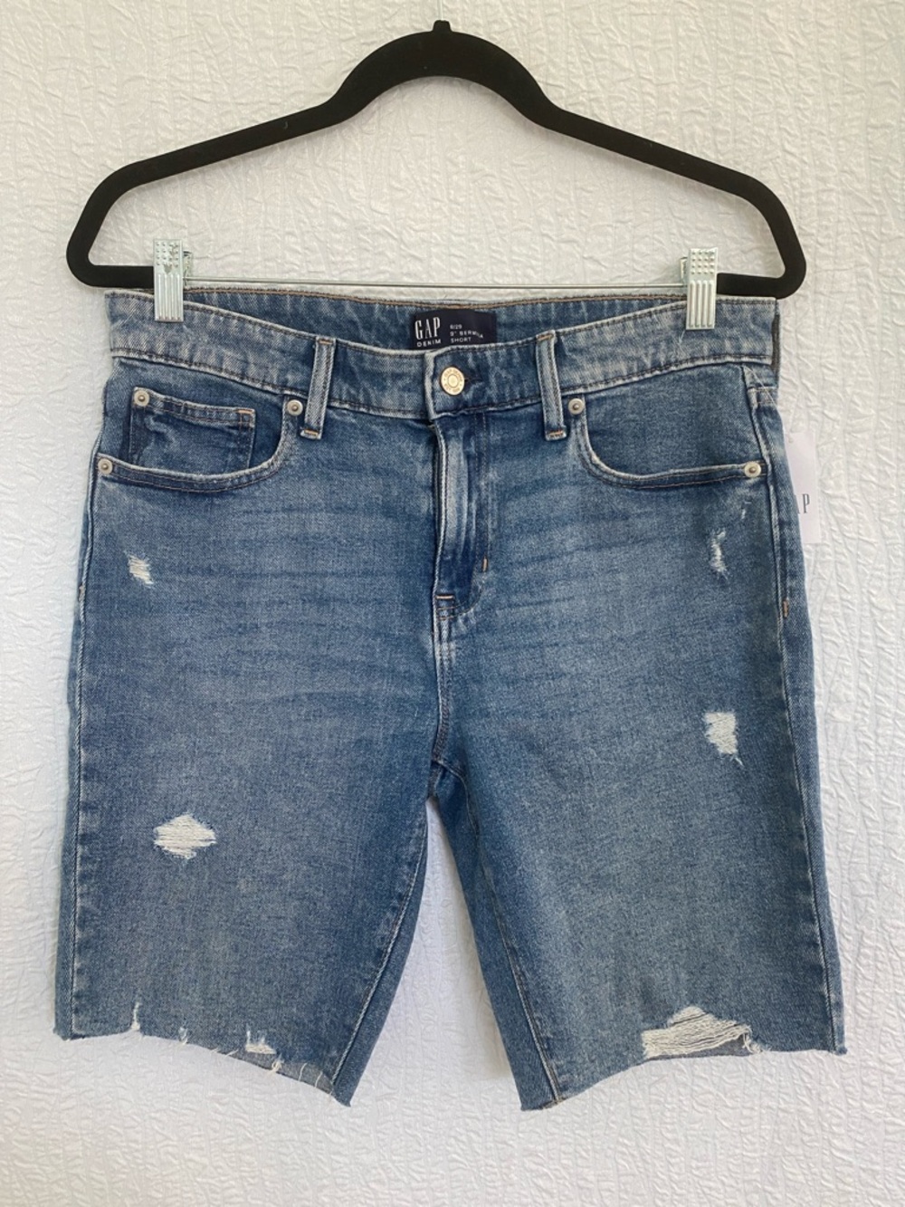 GAP Factory Frayed Hem Distressed Denim Bermuda Shorts - Blue NEW
